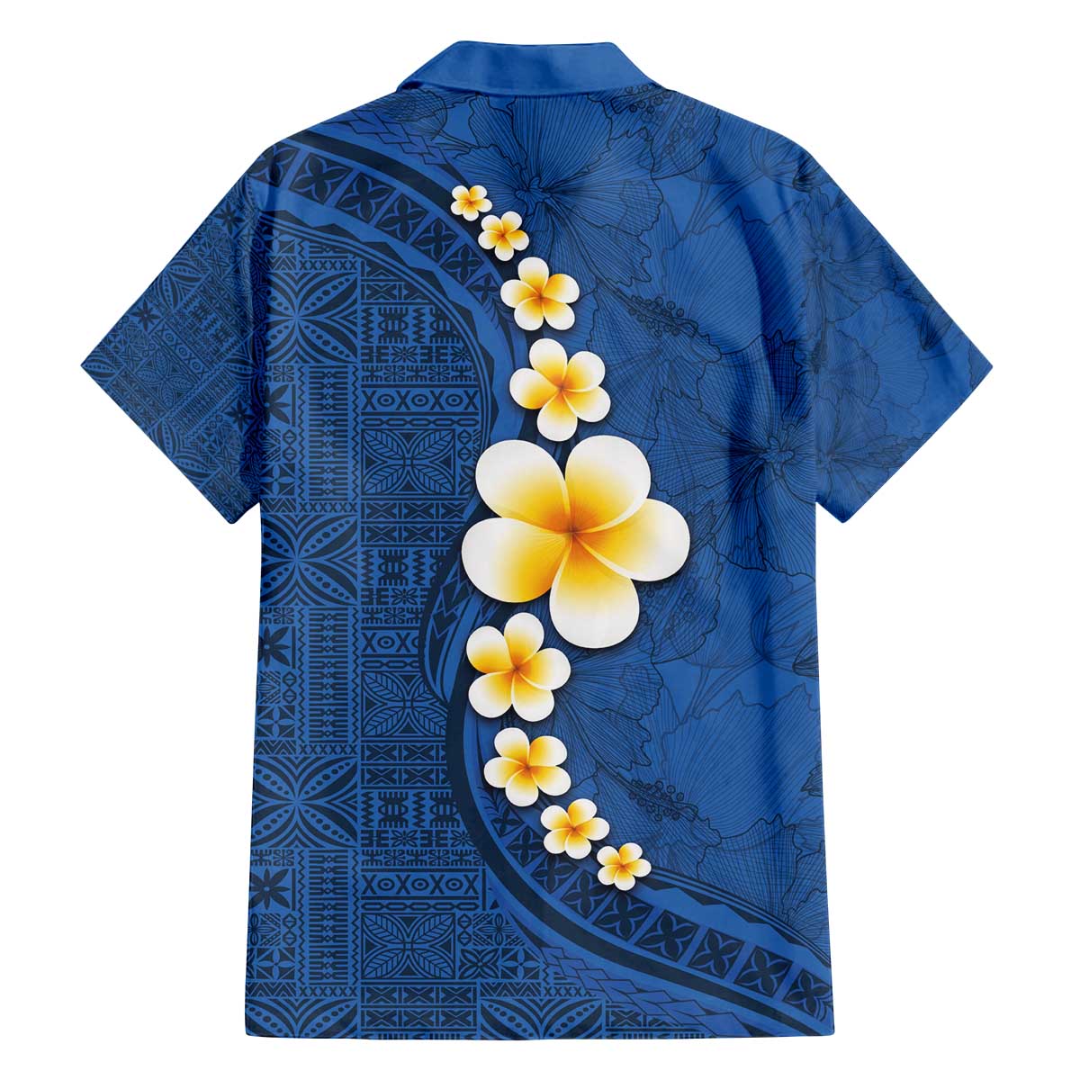Polynesian Hibiscus and Plumeria with Tapa Pattern Family Matching Off Shoulder Short Dress and Hawaiian Shirt Blue Color LT03 - Polynesian Pride