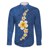 Polynesian Hibiscus and Plumeria with Tapa Pattern Family Matching Off Shoulder Short Dress and Hawaiian Shirt Blue Color LT03 Dad's Shirt - Long Sleeve Blue - Polynesian Pride