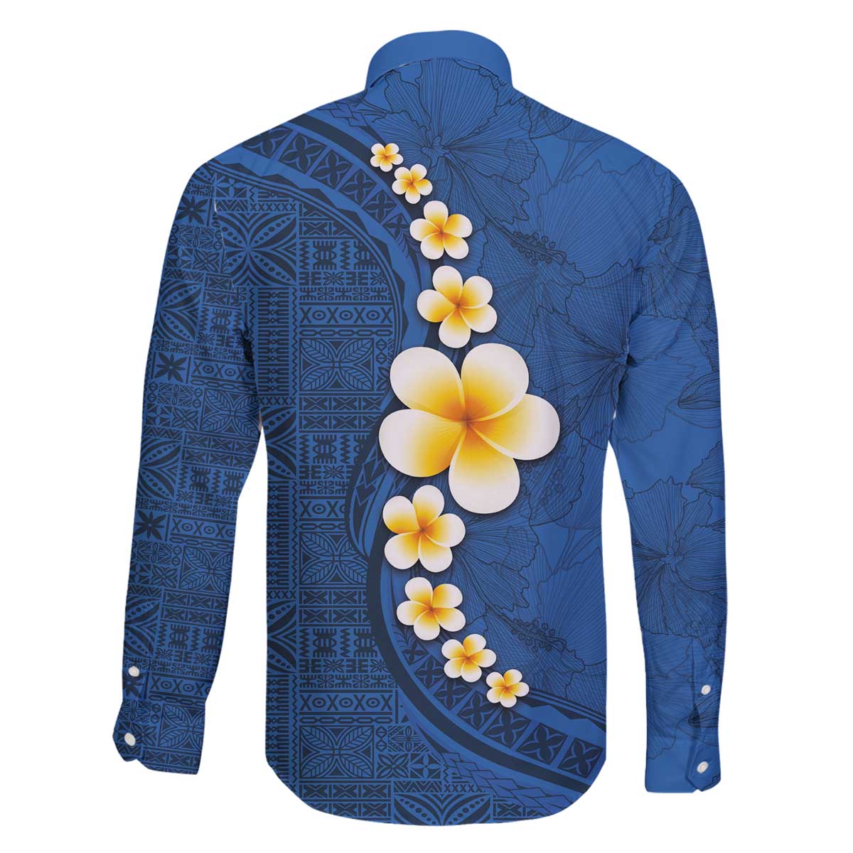 Polynesian Hibiscus and Plumeria with Tapa Pattern Family Matching Off Shoulder Short Dress and Hawaiian Shirt Blue Color LT03 - Polynesian Pride