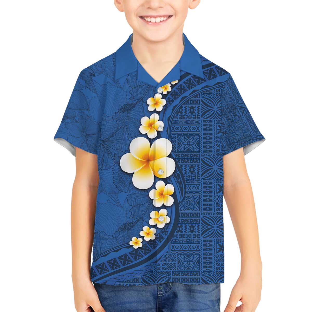 Polynesian Hibiscus and Plumeria with Tapa Pattern Family Matching Off Shoulder Short Dress and Hawaiian Shirt Blue Color LT03 Son's Shirt Blue - Polynesian Pride