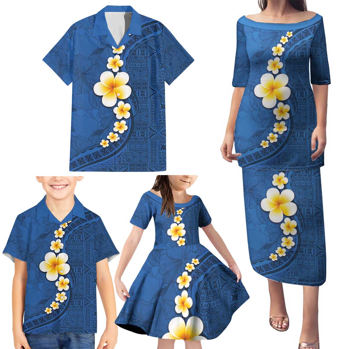Polynesian Hibiscus and Plumeria with Tapa Pattern Family Matching Puletasi and Hawaiian Shirt Blue Color LT03 - Polynesian Pride
