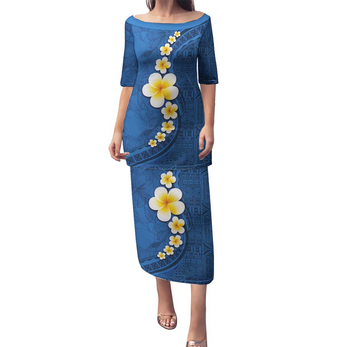 Polynesian Hibiscus and Plumeria with Tapa Pattern Family Matching Puletasi and Hawaiian Shirt Blue Color LT03 Mom's Dress Blue - Polynesian Pride