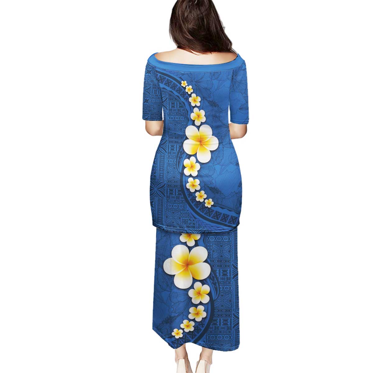Polynesian Hibiscus and Plumeria with Tapa Pattern Family Matching Puletasi and Hawaiian Shirt Blue Color LT03 - Polynesian Pride