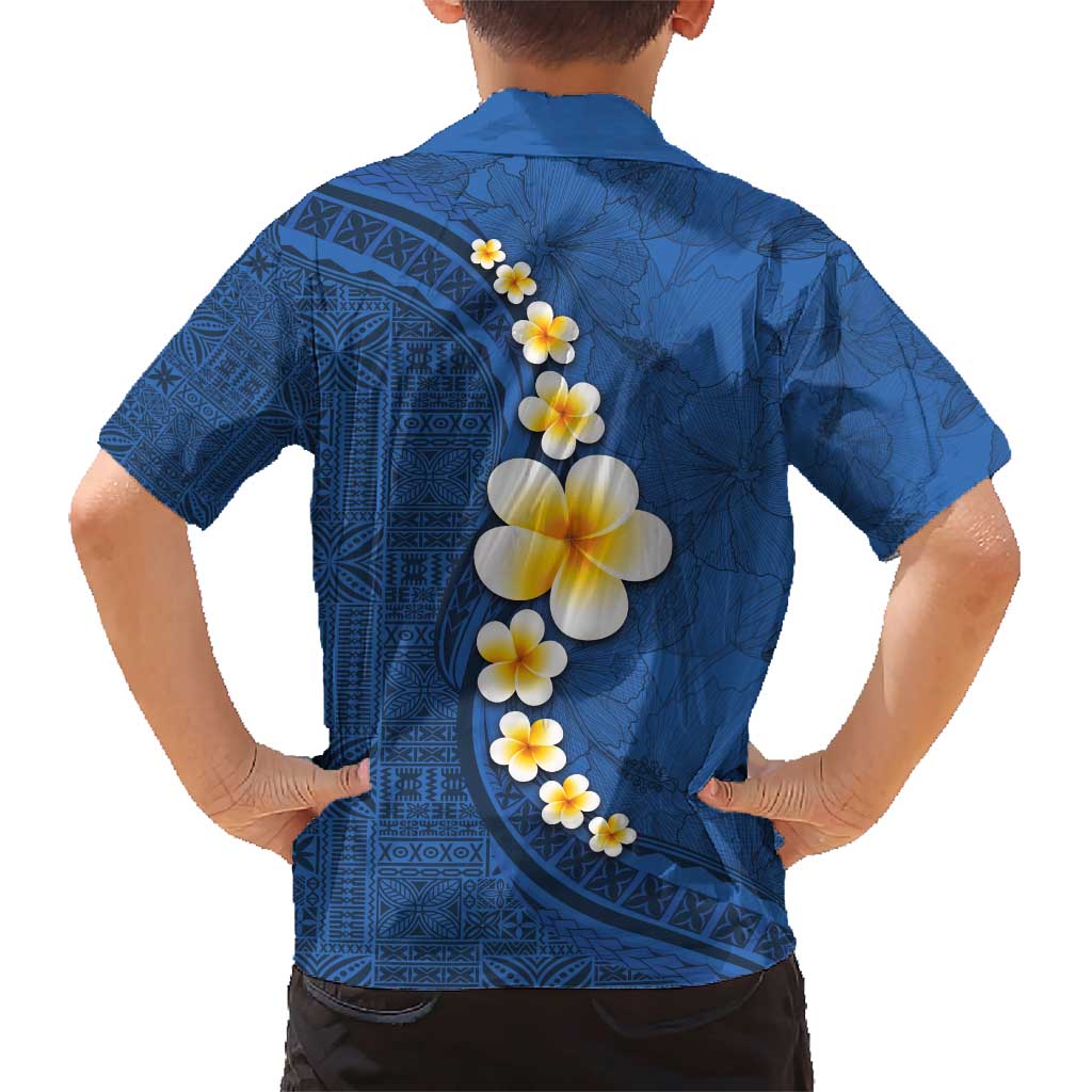 Polynesian Hibiscus and Plumeria with Tapa Pattern Family Matching Short Sleeve Bodycon Dress and Hawaiian Shirt Blue Color LT03 - Polynesian Pride