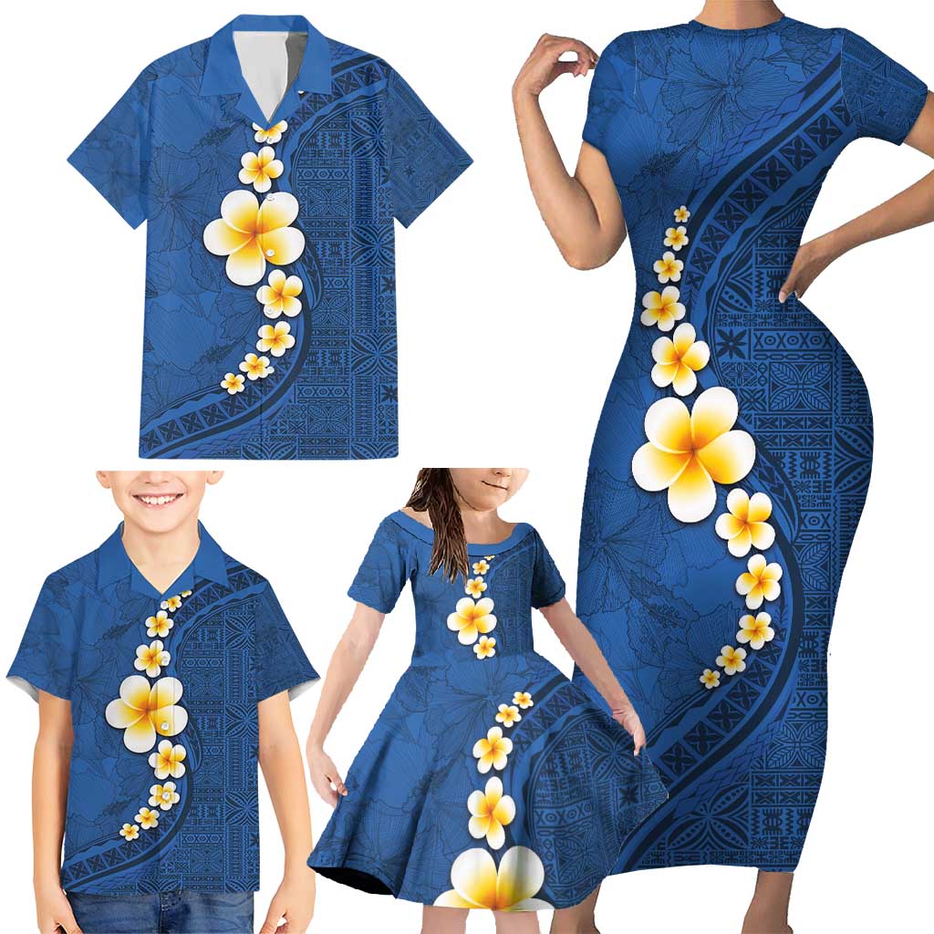 Polynesian Hibiscus and Plumeria with Tapa Pattern Family Matching Short Sleeve Bodycon Dress and Hawaiian Shirt Blue Color LT03 - Polynesian Pride