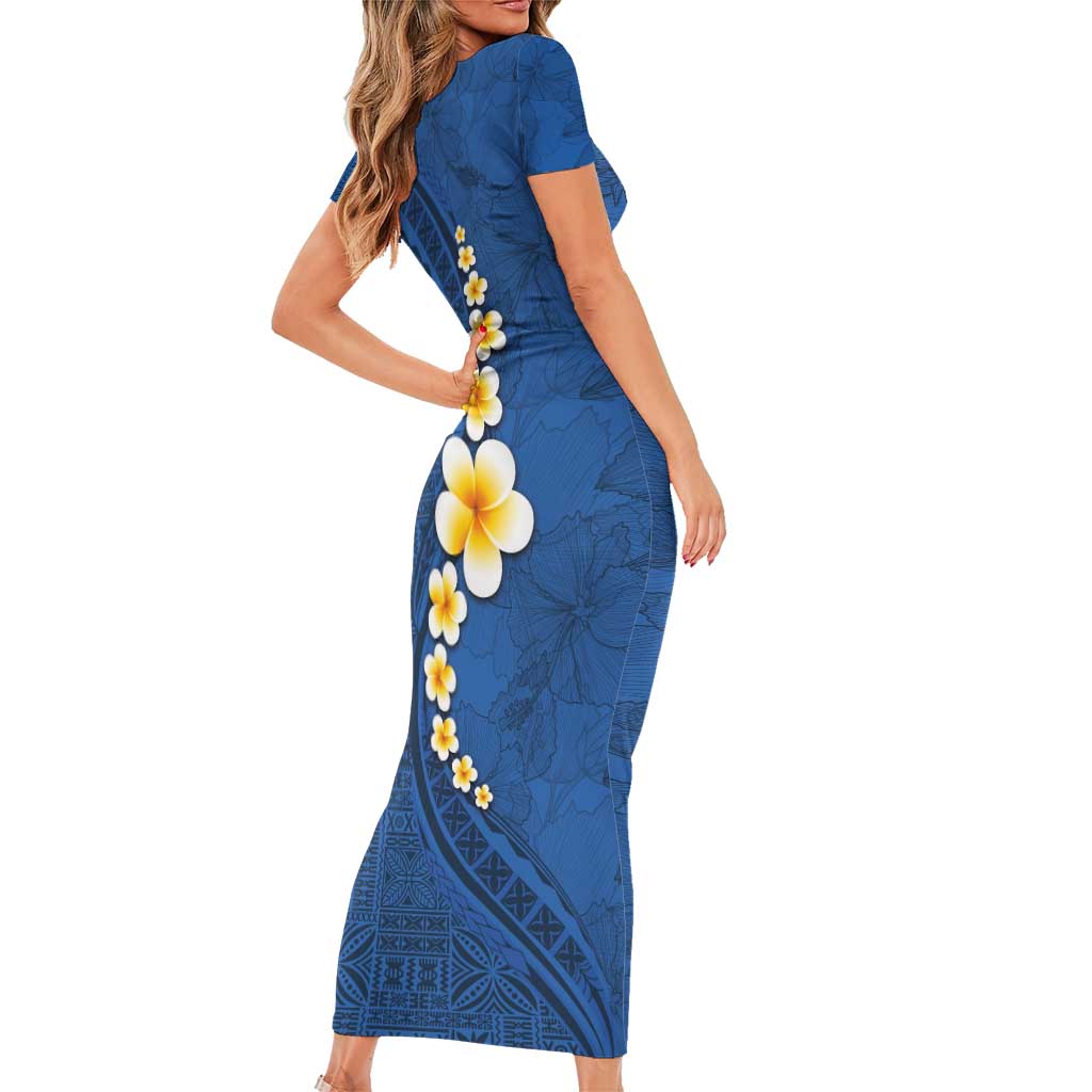 Polynesian Hibiscus and Plumeria with Tapa Pattern Family Matching Short Sleeve Bodycon Dress and Hawaiian Shirt Blue Color LT03 - Polynesian Pride