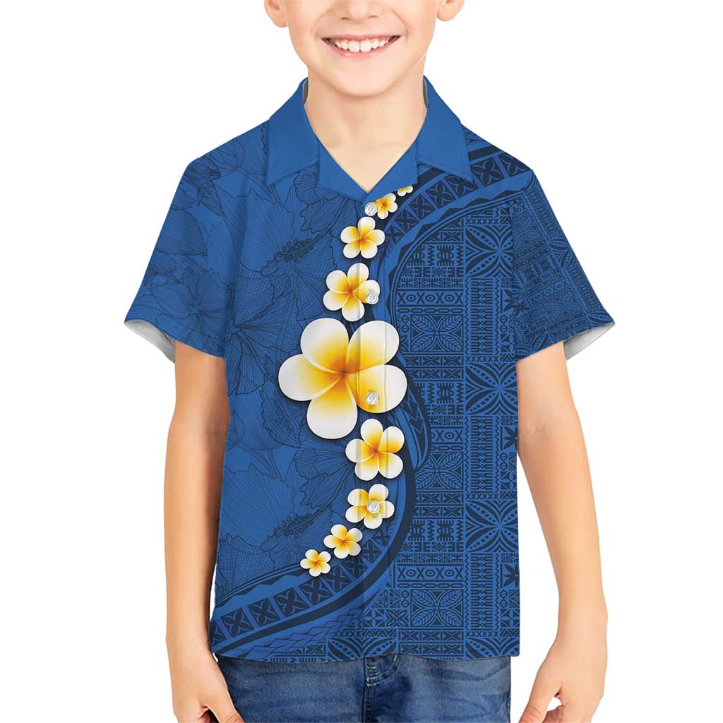 Polynesian Hibiscus and Plumeria with Tapa Pattern Family Matching Short Sleeve Bodycon Dress and Hawaiian Shirt Blue Color LT03 Son's Shirt Blue - Polynesian Pride