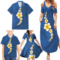 Polynesian Hibiscus and Plumeria with Tapa Pattern Family Matching Summer Maxi Dress and Hawaiian Shirt Blue Color LT03 - Polynesian Pride