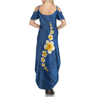 Polynesian Hibiscus and Plumeria with Tapa Pattern Family Matching Summer Maxi Dress and Hawaiian Shirt Blue Color LT03 - Polynesian Pride