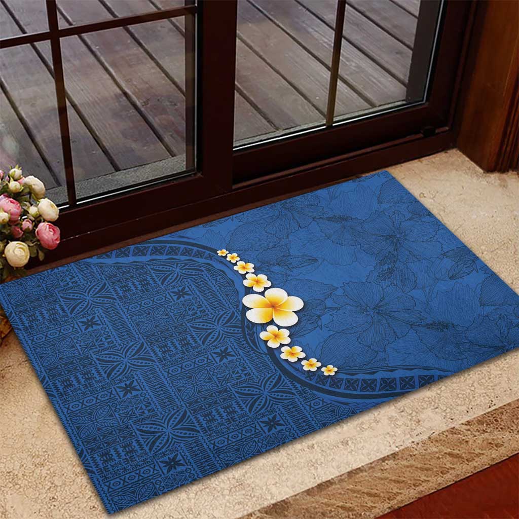 Polynesian Hibiscus and Plumeria with Tapa Pattern Rubber Doormat Blue Color