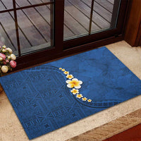 Polynesian Hibiscus and Plumeria with Tapa Pattern Rubber Doormat Blue Color