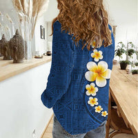 Polynesian Hibiscus and Plumeria with Tapa Pattern Women Casual Shirt Blue Color LT03 - Polynesian Pride