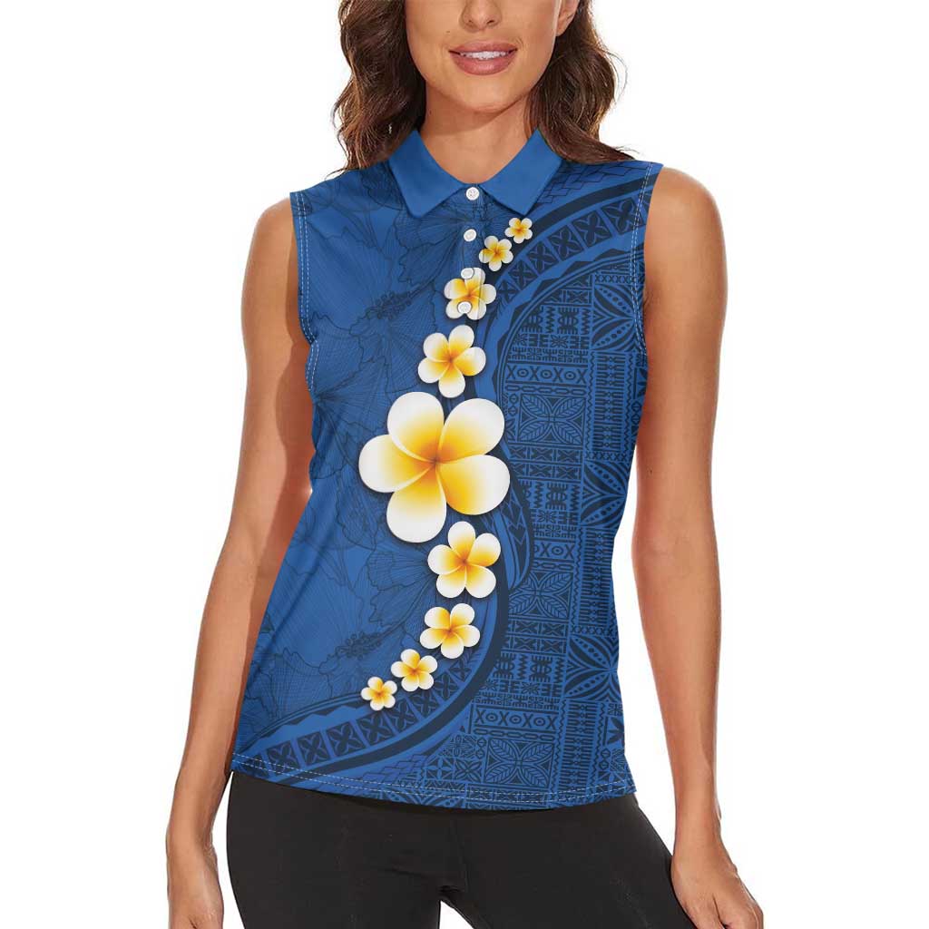 Polynesian Hibiscus and Plumeria with Tapa Pattern Women Sleeveless Polo Shirt Blue Color