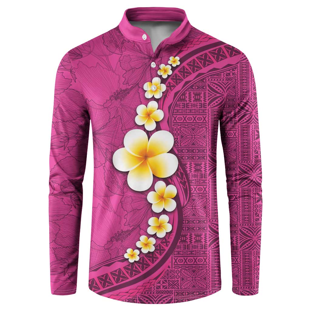 Polynesian Hibiscus and Plumeria with Tapa Pattern Button Sweatshirt Pink Color