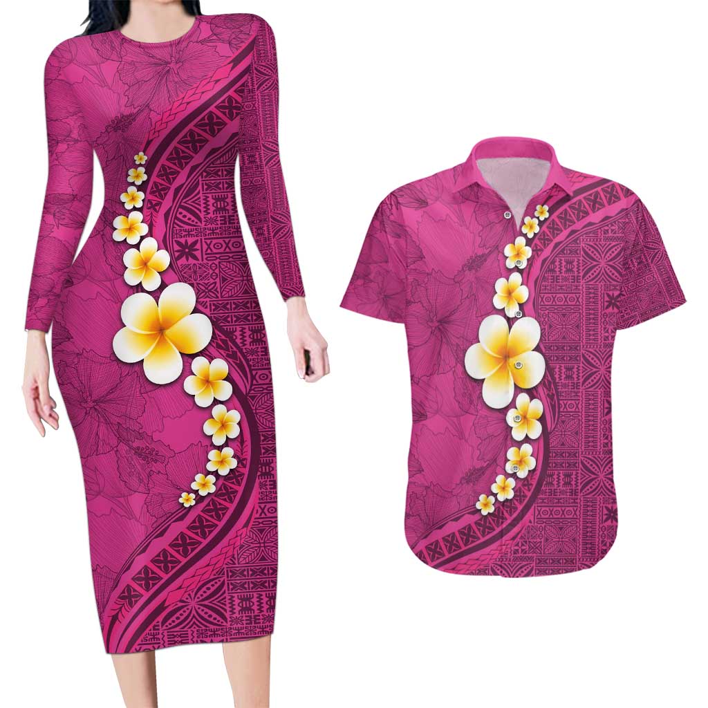 Polynesian Hibiscus and Plumeria with Tapa Pattern Couples Matching Long Sleeve Bodycon Dress and Hawaiian Shirt Pink Color LT03 Pink - Polynesian Pride