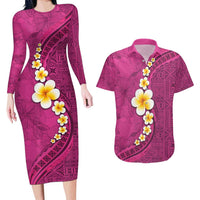 Polynesian Hibiscus and Plumeria with Tapa Pattern Couples Matching Long Sleeve Bodycon Dress and Hawaiian Shirt Pink Color LT03 Pink - Polynesian Pride