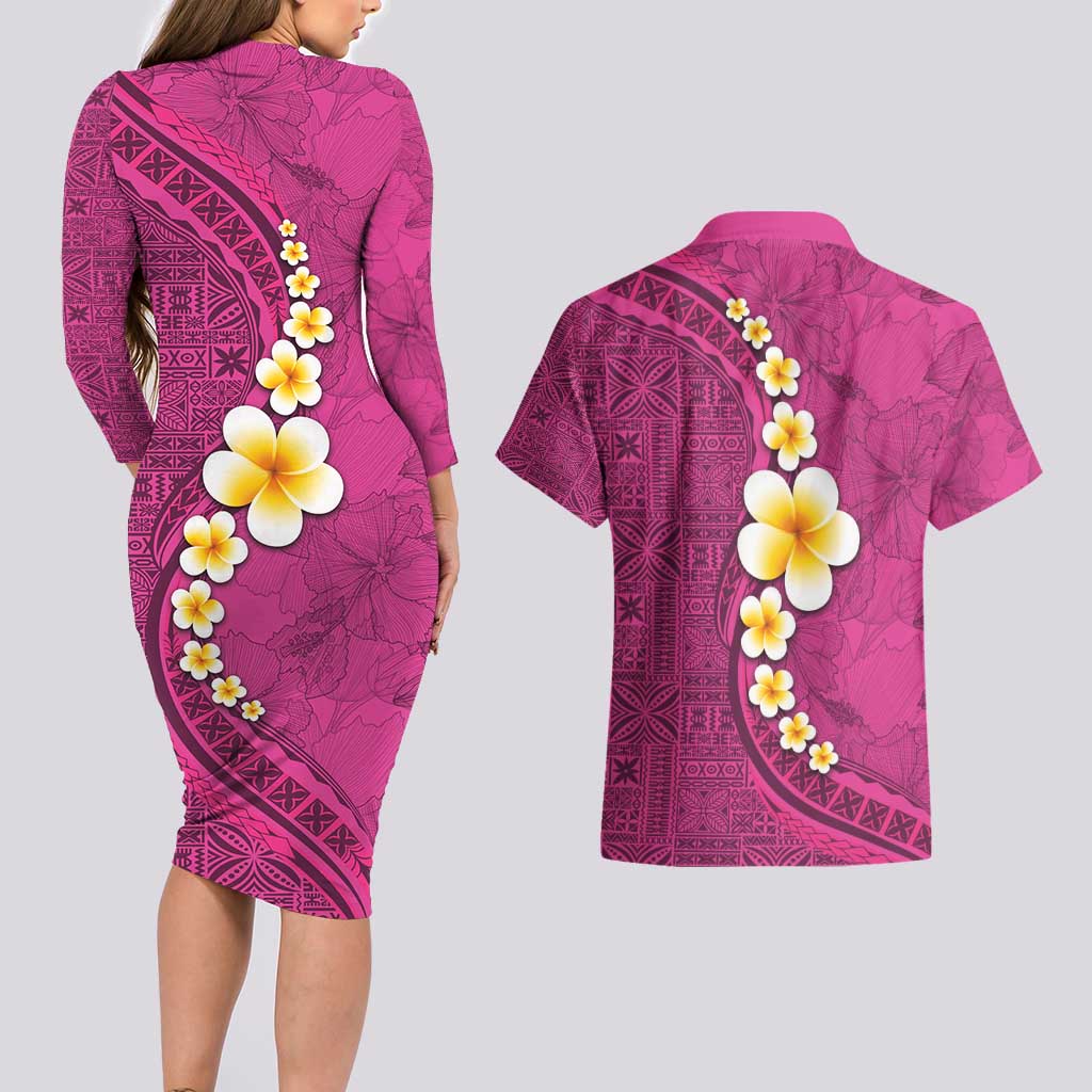 Polynesian Hibiscus and Plumeria with Tapa Pattern Couples Matching Long Sleeve Bodycon Dress and Hawaiian Shirt Pink Color LT03 - Polynesian Pride