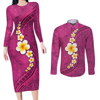 Polynesian Hibiscus and Plumeria with Tapa Pattern Couples Matching Long Sleeve Bodycon Dress and Long Sleeve Button Shirt Pink Color LT03 Pink - Polynesian Pride