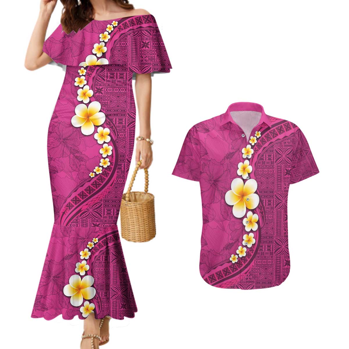 Polynesian Hibiscus and Plumeria with Tapa Pattern Couples Matching Mermaid Dress and Hawaiian Shirt Pink Color LT03 Pink - Polynesian Pride