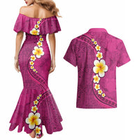 Polynesian Hibiscus and Plumeria with Tapa Pattern Couples Matching Mermaid Dress and Hawaiian Shirt Pink Color LT03 - Polynesian Pride