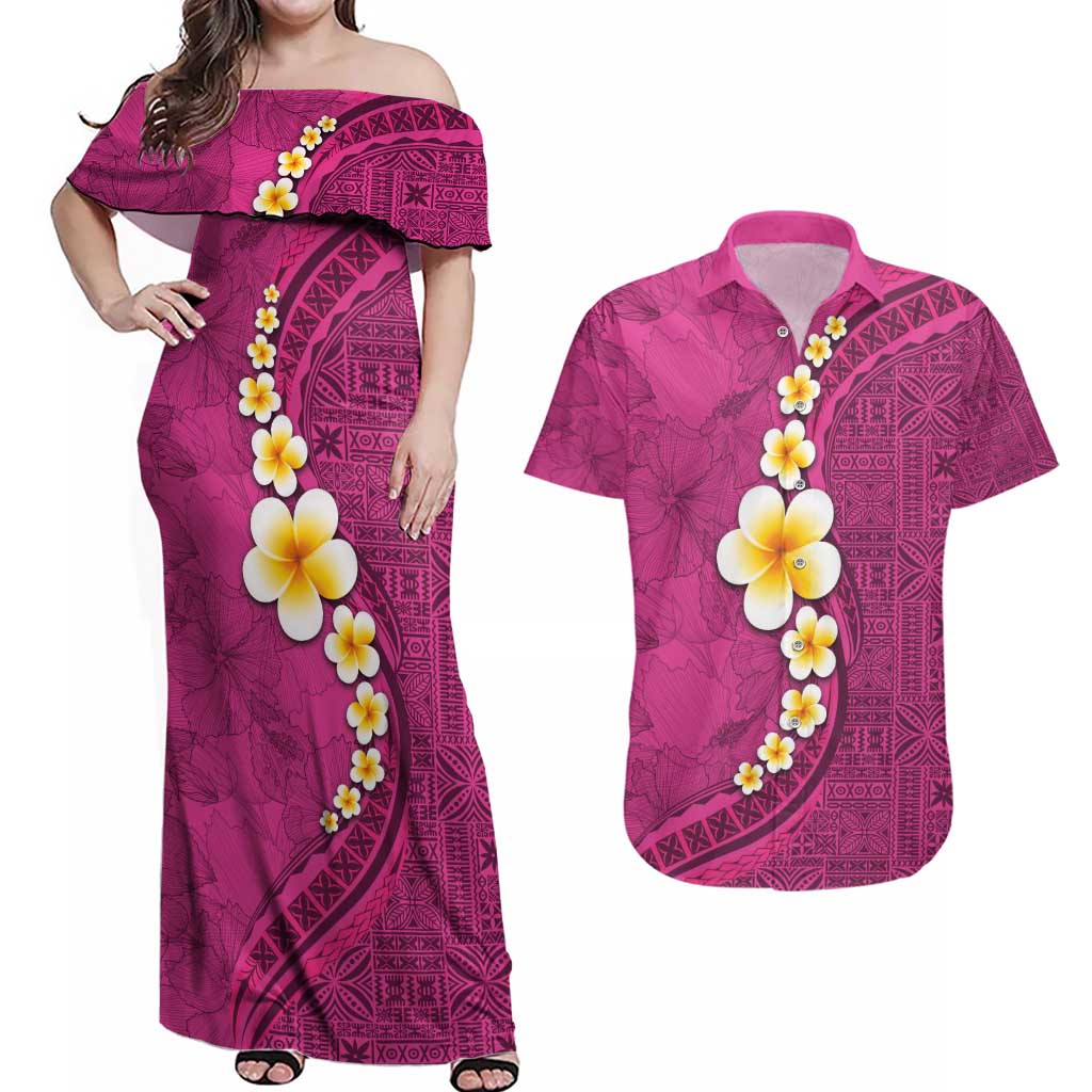 Polynesian Hibiscus and Plumeria with Tapa Pattern Couples Matching Off Shoulder Maxi Dress and Hawaiian Shirt Pink Color LT03 Pink - Polynesian Pride