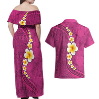Polynesian Hibiscus and Plumeria with Tapa Pattern Couples Matching Off Shoulder Maxi Dress and Hawaiian Shirt Pink Color LT03 - Polynesian Pride