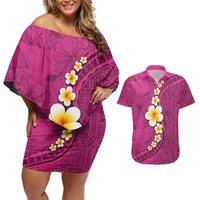 Polynesian Hibiscus and Plumeria with Tapa Pattern Couples Matching Off Shoulder Short Dress and Hawaiian Shirt Pink Color LT03 Pink - Polynesian Pride