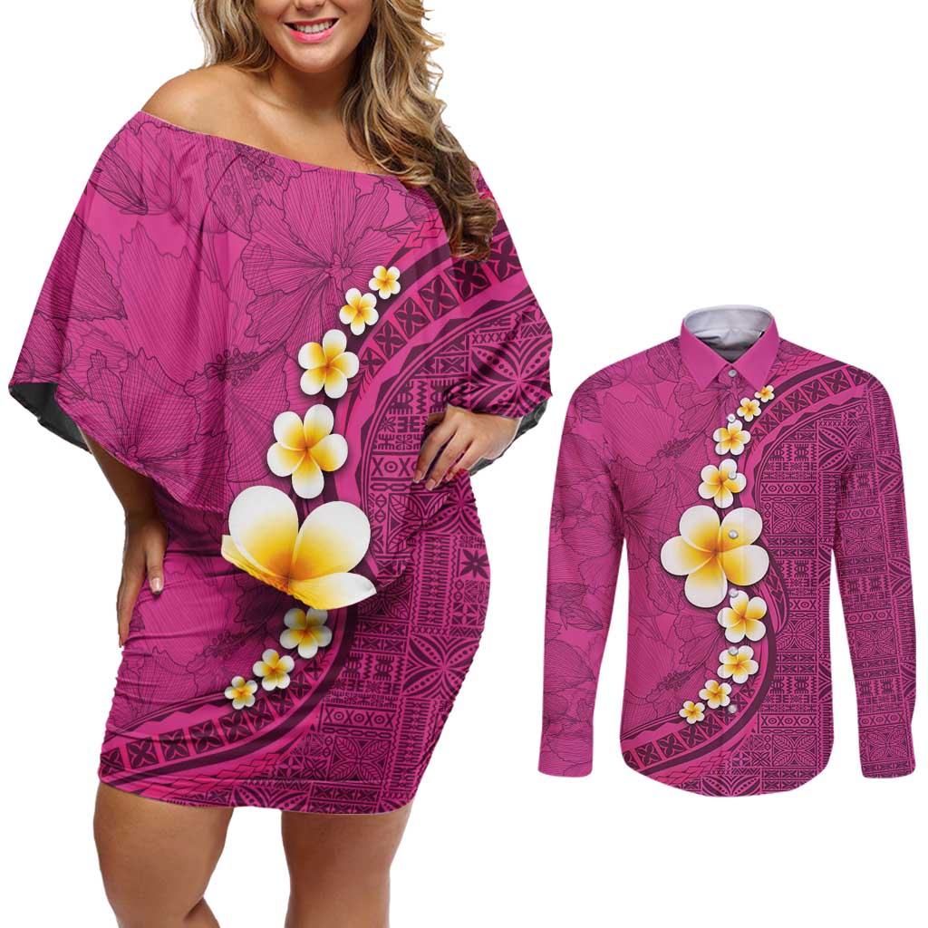Polynesian Hibiscus and Plumeria with Tapa Pattern Couples Matching Off Shoulder Short Dress and Long Sleeve Button Shirt Pink Color LT03 Pink - Polynesian Pride