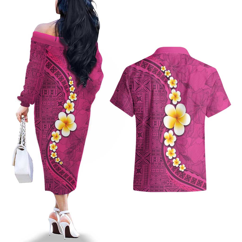 Polynesian Hibiscus and Plumeria with Tapa Pattern Couples Matching Off The Shoulder Long Sleeve Dress and Hawaiian Shirt Pink Color LT03 - Polynesian Pride
