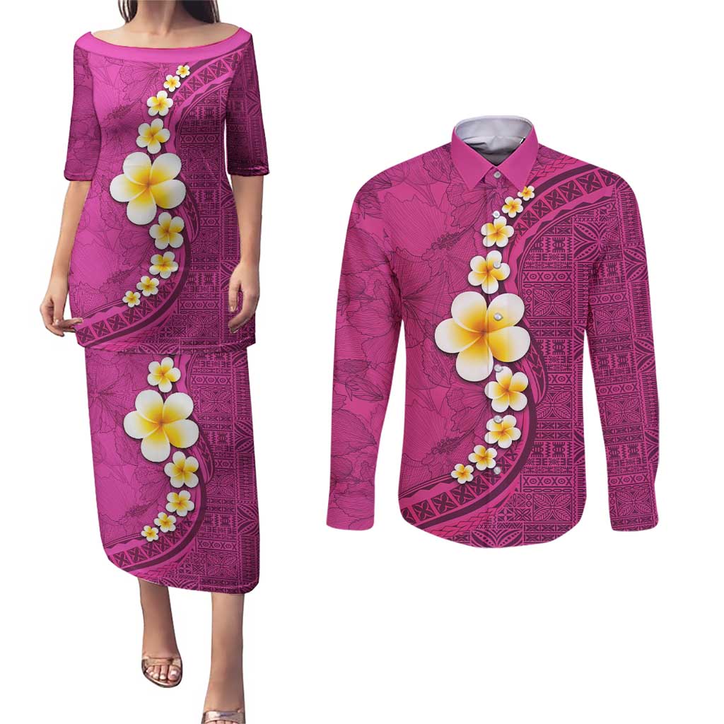 Polynesian Hibiscus and Plumeria with Tapa Pattern Couples Matching Puletasi and Long Sleeve Button Shirt Pink Color