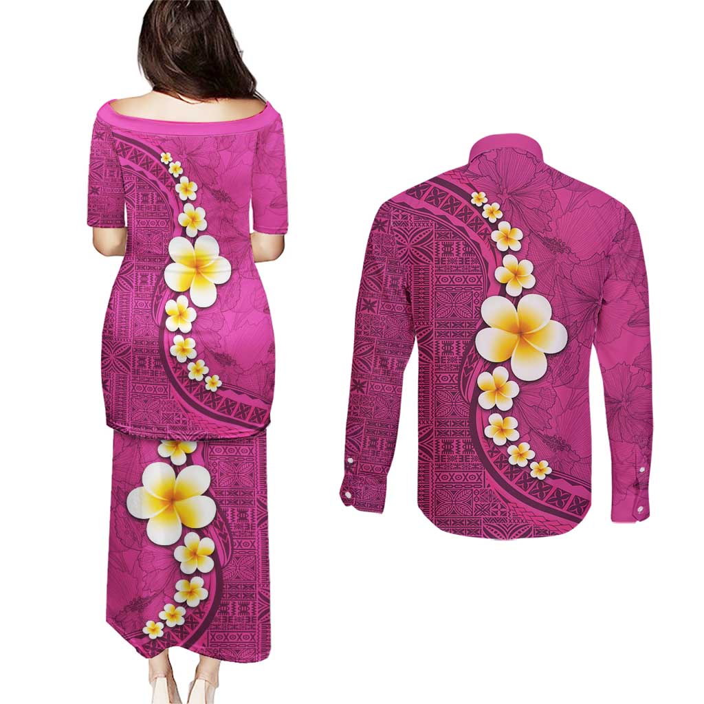 Polynesian Hibiscus and Plumeria with Tapa Pattern Couples Matching Puletasi and Long Sleeve Button Shirt Pink Color