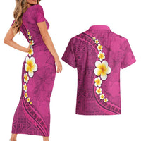 Polynesian Hibiscus and Plumeria with Tapa Pattern Couples Matching Short Sleeve Bodycon Dress and Hawaiian Shirt Pink Color LT03 - Polynesian Pride