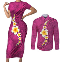 Polynesian Hibiscus and Plumeria with Tapa Pattern Couples Matching Short Sleeve Bodycon Dress and Long Sleeve Button Shirt Pink Color LT03 Pink - Polynesian Pride