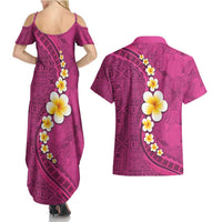 Polynesian Hibiscus and Plumeria with Tapa Pattern Couples Matching Summer Maxi Dress and Hawaiian Shirt Pink Color LT03 - Polynesian Pride