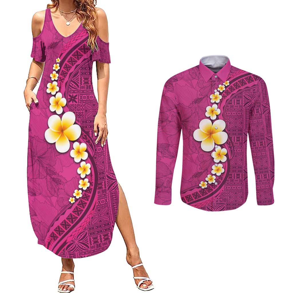 Polynesian Hibiscus and Plumeria with Tapa Pattern Couples Matching Summer Maxi Dress and Long Sleeve Button Shirt Pink Color LT03 Pink - Polynesian Pride