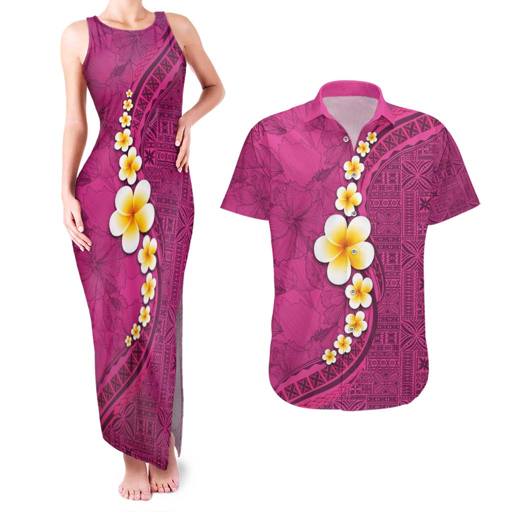 Polynesian Hibiscus and Plumeria with Tapa Pattern Couples Matching Tank Maxi Dress and Hawaiian Shirt Pink Color LT03 Pink - Polynesian Pride