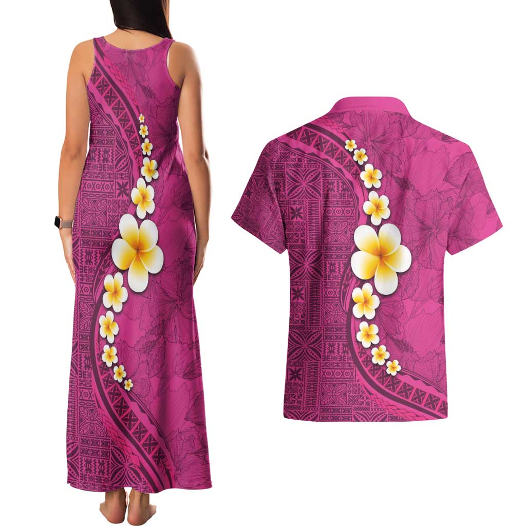 Polynesian Hibiscus and Plumeria with Tapa Pattern Couples Matching Tank Maxi Dress and Hawaiian Shirt Pink Color LT03 - Polynesian Pride