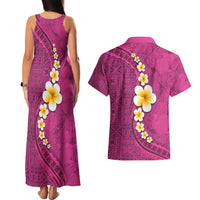 Polynesian Hibiscus and Plumeria with Tapa Pattern Couples Matching Tank Maxi Dress and Hawaiian Shirt Pink Color LT03 - Polynesian Pride