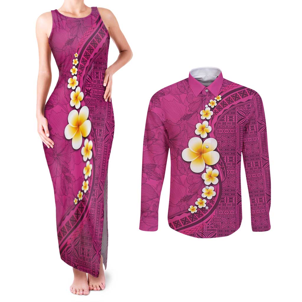 Polynesian Hibiscus and Plumeria with Tapa Pattern Couples Matching Tank Maxi Dress and Long Sleeve Button Shirt Pink Color LT03 Pink - Polynesian Pride