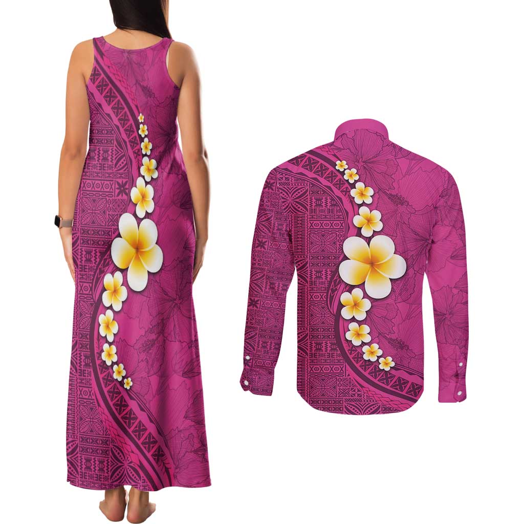 Polynesian Hibiscus and Plumeria with Tapa Pattern Couples Matching Tank Maxi Dress and Long Sleeve Button Shirt Pink Color LT03 - Polynesian Pride