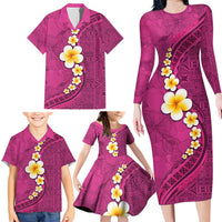 Polynesian Hibiscus and Plumeria with Tapa Pattern Family Matching Long Sleeve Bodycon Dress and Hawaiian Shirt Pink Color LT03 - Polynesian Pride