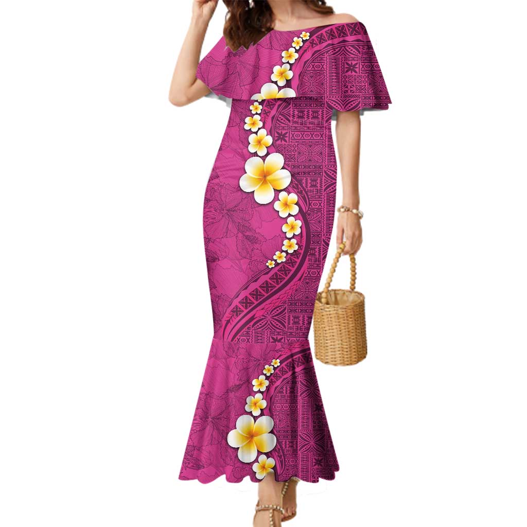 Polynesian Hibiscus and Plumeria with Tapa Pattern Family Matching Mermaid Dress and Hawaiian Shirt Pink Color LT03 Mom's Dress Pink - Polynesian Pride