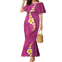 Polynesian Hibiscus and Plumeria with Tapa Pattern Family Matching Mermaid Dress and Hawaiian Shirt Pink Color LT03 Mom's Dress Pink - Polynesian Pride
