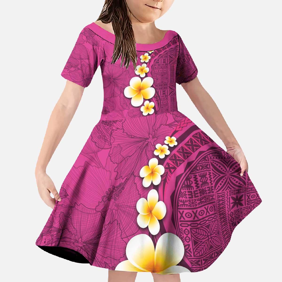 Polynesian Hibiscus and Plumeria with Tapa Pattern Family Matching Off The Shoulder Long Sleeve Dress and Hawaiian Shirt Pink Color LT03 Daughter's Dress Pink - Polynesian Pride