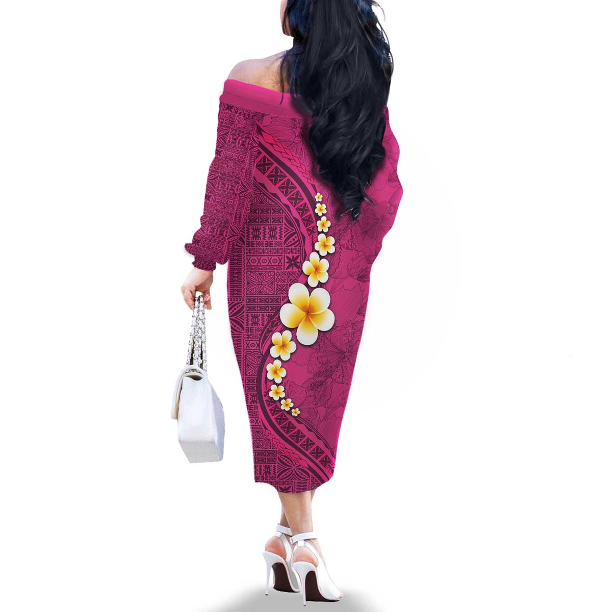 Polynesian Hibiscus and Plumeria with Tapa Pattern Family Matching Off The Shoulder Long Sleeve Dress and Hawaiian Shirt Pink Color LT03 - Polynesian Pride