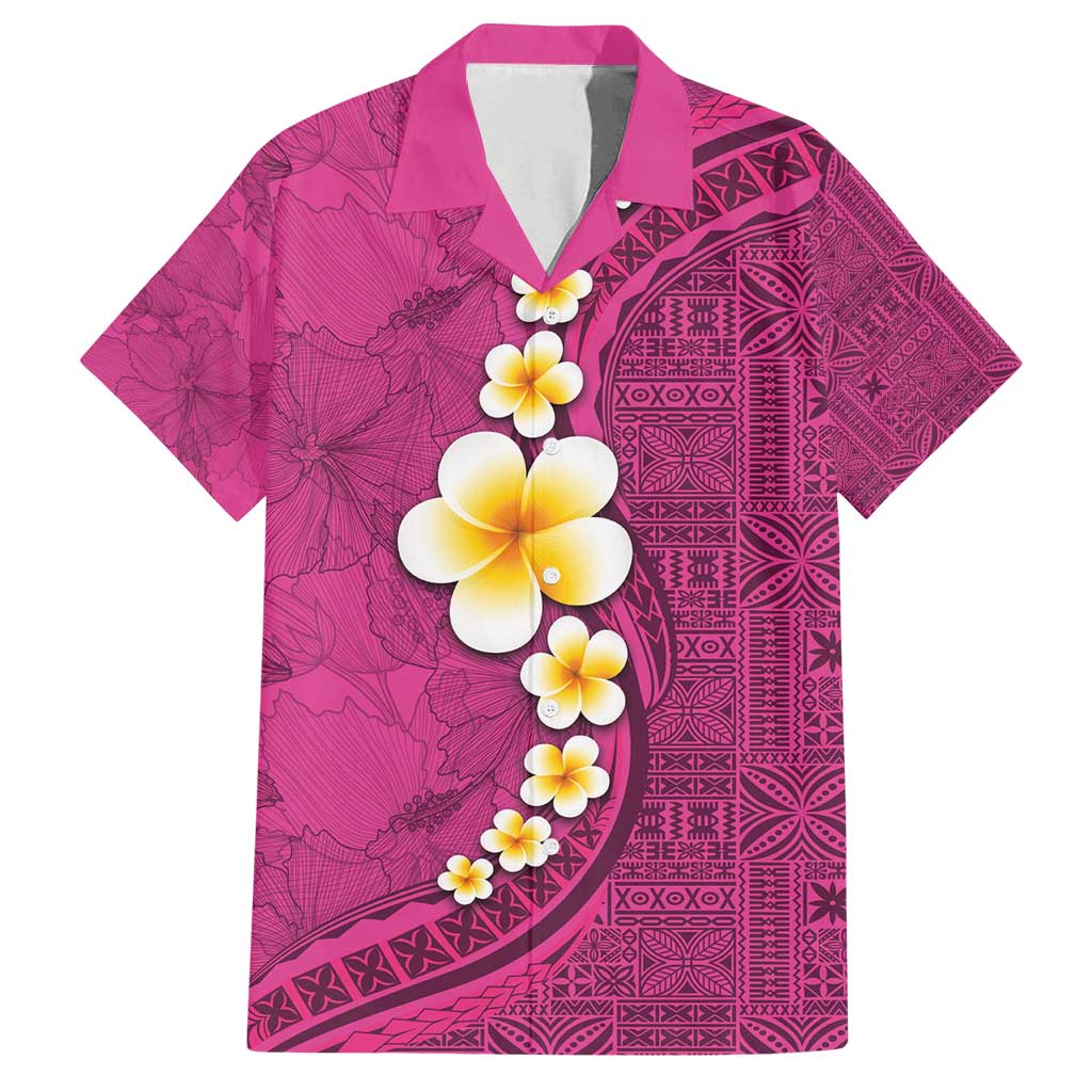 Polynesian Hibiscus and Plumeria with Tapa Pattern Family Matching Off Shoulder Maxi Dress and Hawaiian Shirt Pink Color LT03 Dad's Shirt - Short Sleeve Pink - Polynesian Pride