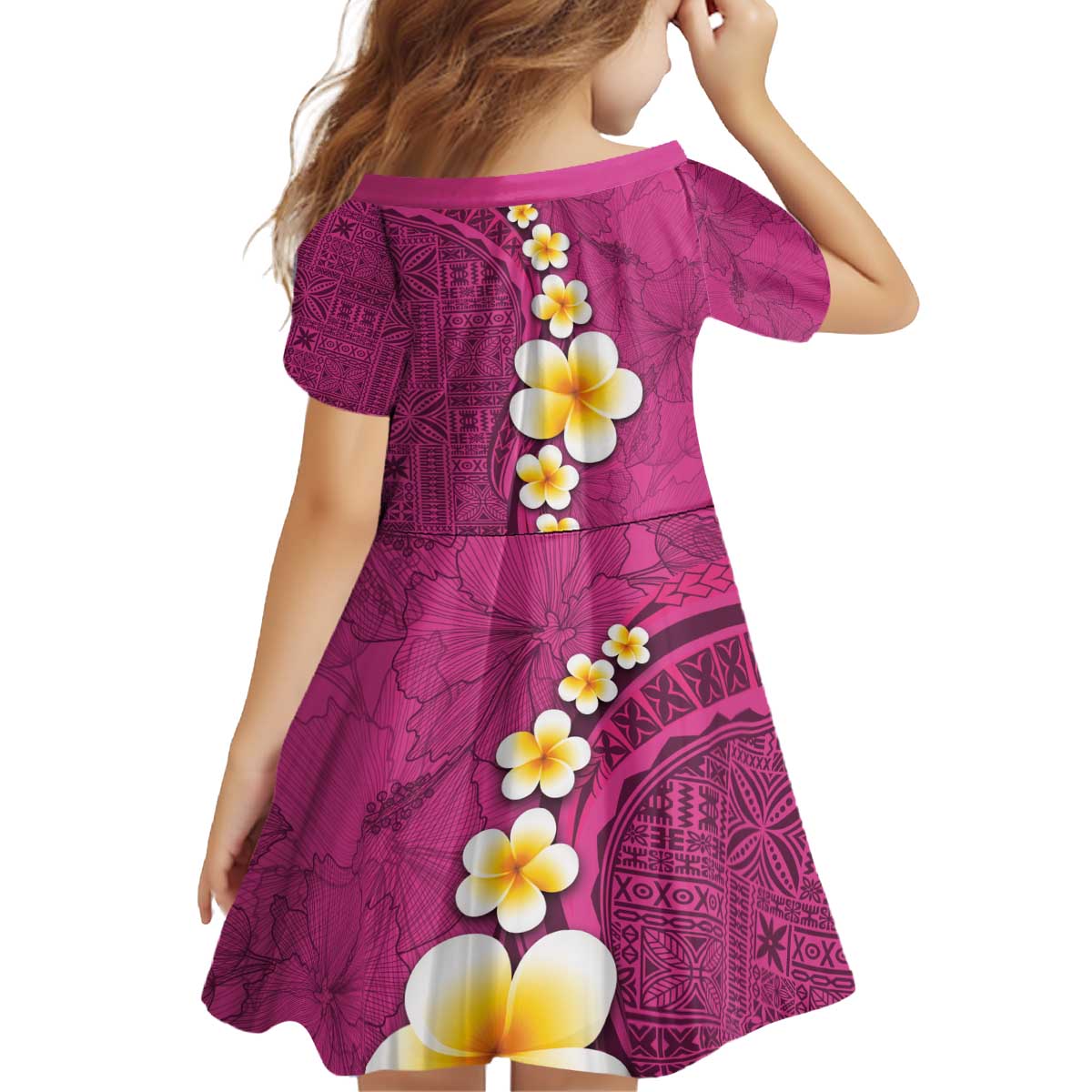 Polynesian Hibiscus and Plumeria with Tapa Pattern Family Matching Off Shoulder Short Dress and Hawaiian Shirt Pink Color LT03 - Polynesian Pride