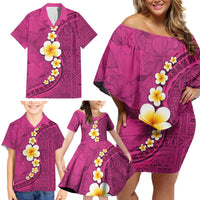Polynesian Hibiscus and Plumeria with Tapa Pattern Family Matching Off Shoulder Short Dress and Hawaiian Shirt Pink Color LT03 - Polynesian Pride