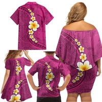 Polynesian Hibiscus and Plumeria with Tapa Pattern Family Matching Off Shoulder Short Dress and Hawaiian Shirt Pink Color LT03 - Polynesian Pride