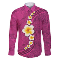 Polynesian Hibiscus and Plumeria with Tapa Pattern Family Matching Off Shoulder Short Dress and Hawaiian Shirt Pink Color LT03 Dad's Shirt - Long Sleeve Pink - Polynesian Pride